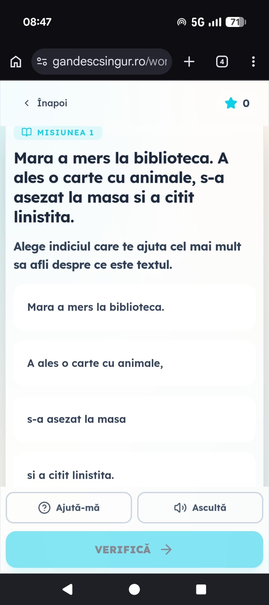 Exemplu din aplicație: exercițiu de înțelegere a textului unde copilul alege indiciul potrivit pentru a afla despre ce este textul.
